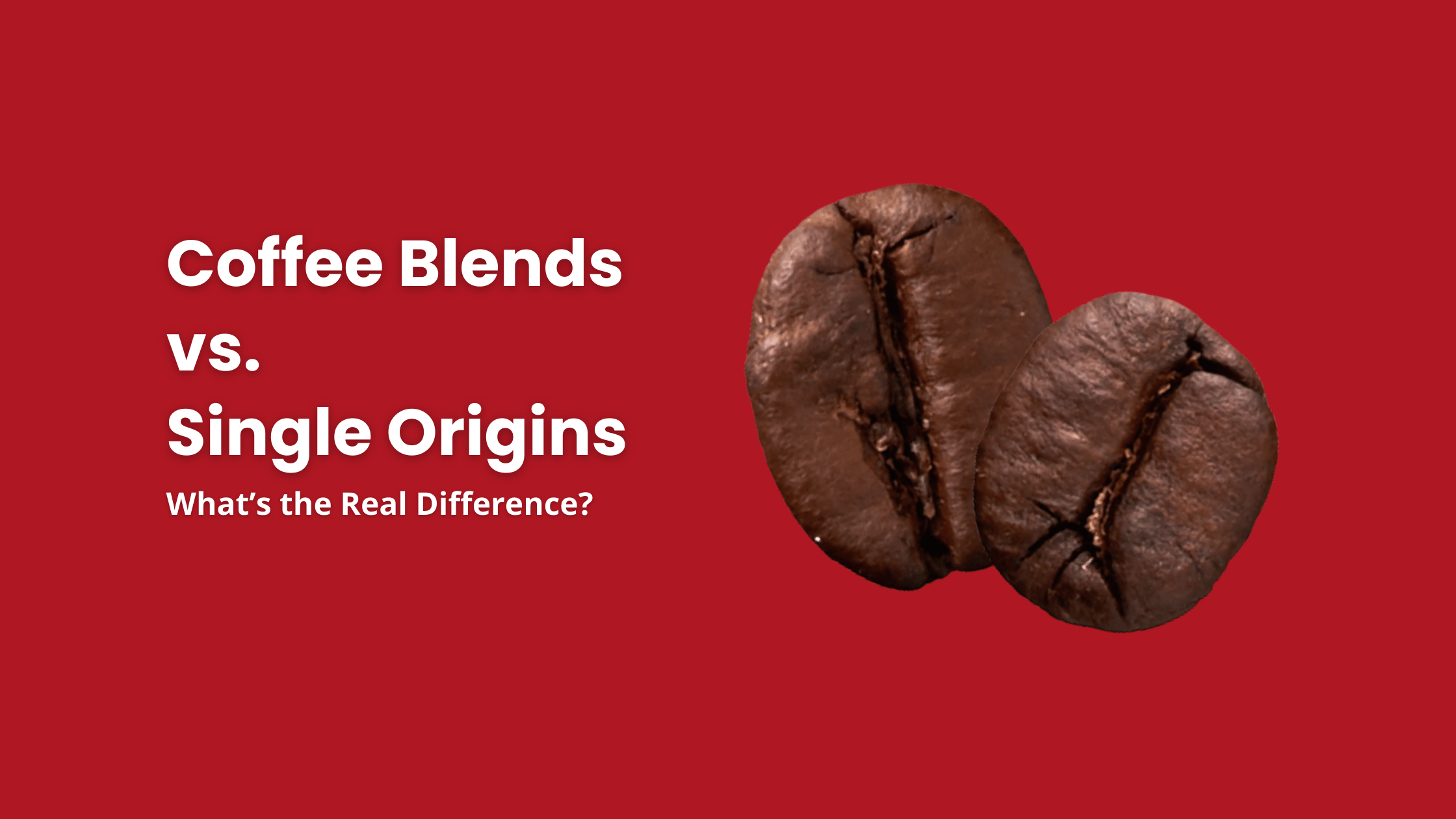 Two coffee beans next to the text “coffee blends vs single origin: what’s the real difference?” – highlighting a visual comparison between blend and single origin coffee.