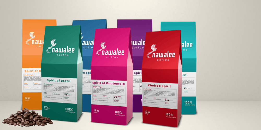 Whole -bean coffee lineup by Nawalee —  roasted-to-order coffee. Shipped fresh nationwide in ground or whole-bean options.