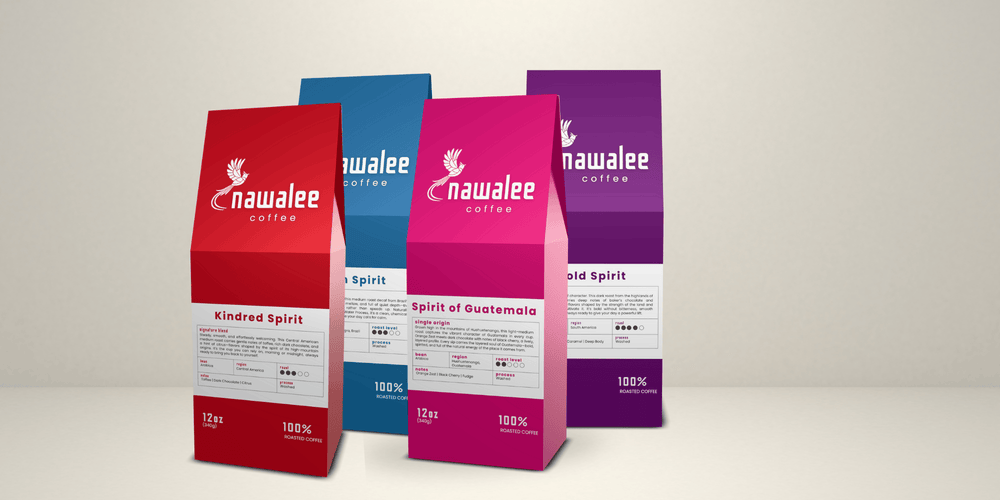 Nawalee’s best-selling coffee bags —featuring Kindred Spirit, Spirit of Guatemala, Bold Spirit and Calm Spirit in vibrant packaging.