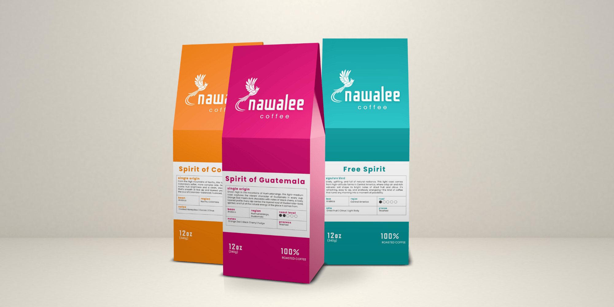 Light roast coffee lineup by Nawalee —  roasted-to-order coffee. Shipped fresh nationwide in ground or whole-bean options.