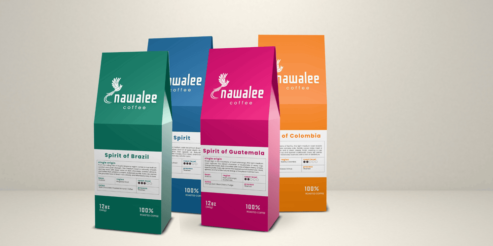 Fresh-roasted single origin coffee from Nawalee Coffee—Spirit of Brazil, Spirit of Colombia, Spirit of Guatemala, and Calm Spirit - our single origin decaf.