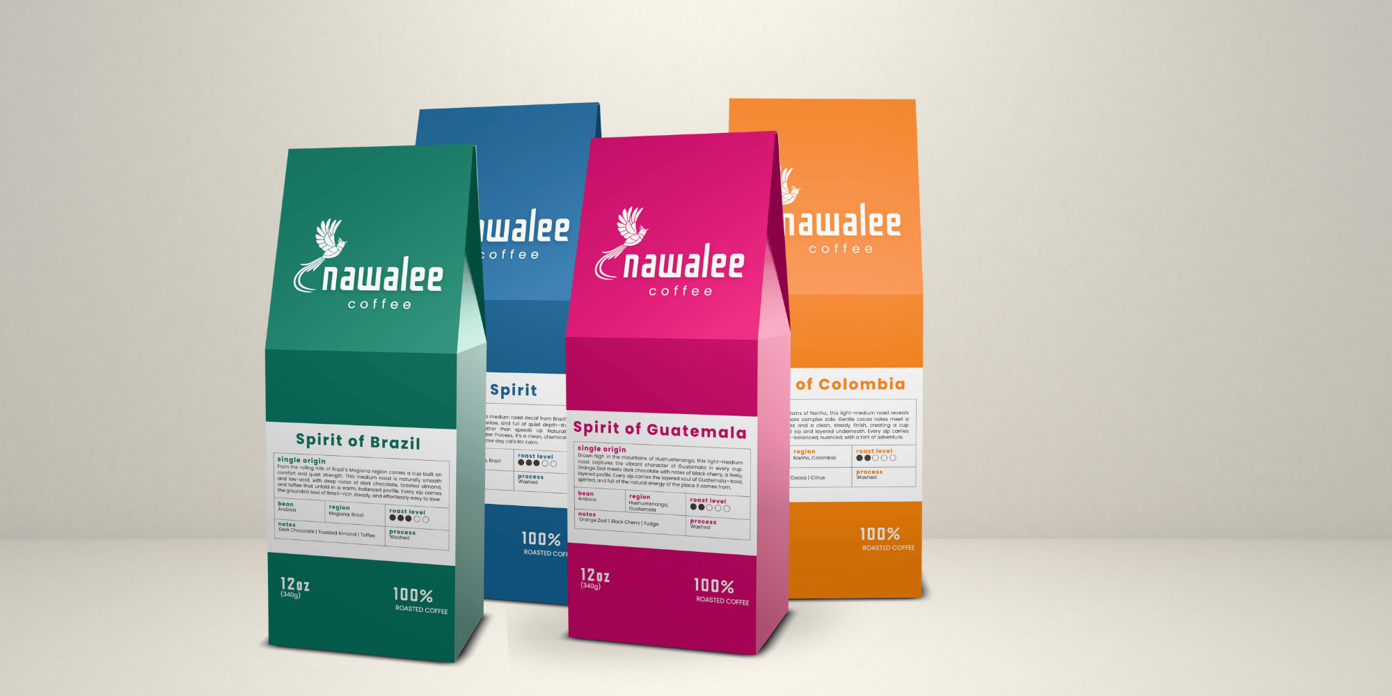 Fresh-roasted single origin coffee from Nawalee Coffee—Spirit of Brazil, Spirit of Colombia, Spirit of Guatemala, and Calm Spirit - our single origin decaf.