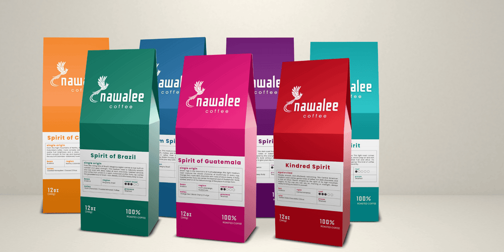 Nawalee’s full coffee lineup – light, medium, and dark roast coffee bags