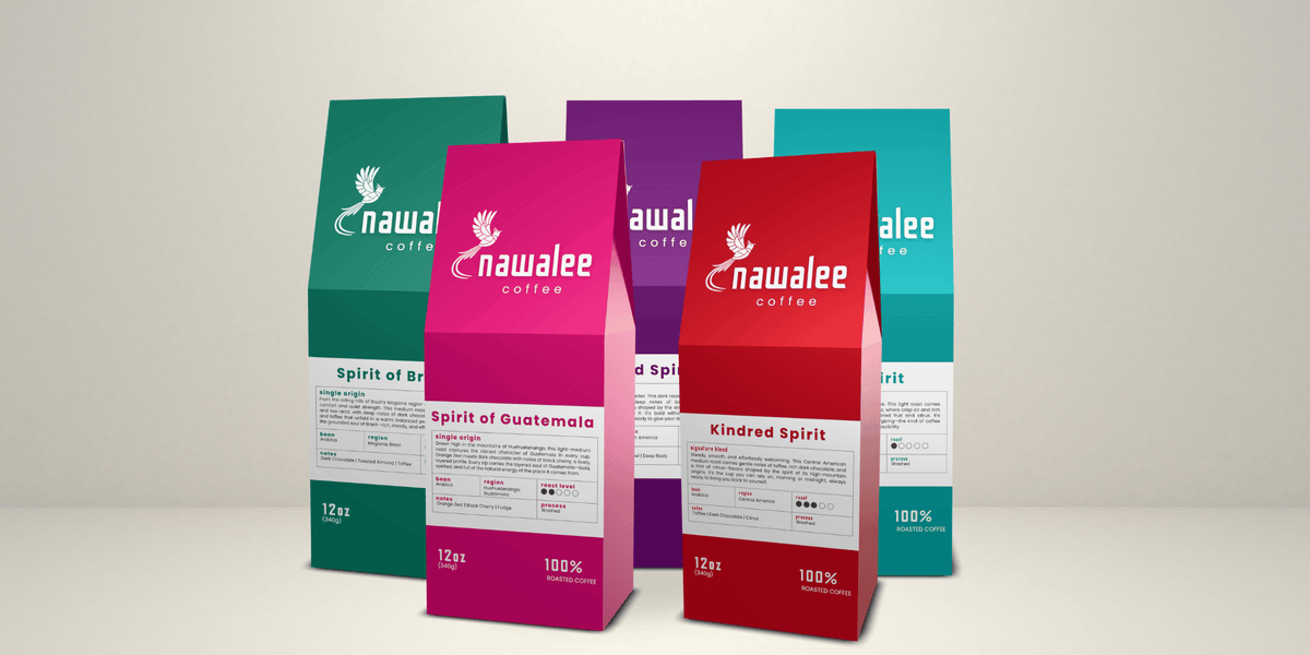 Nawalee’s full coffee lineup – light, medium, and dark roast coffee bags