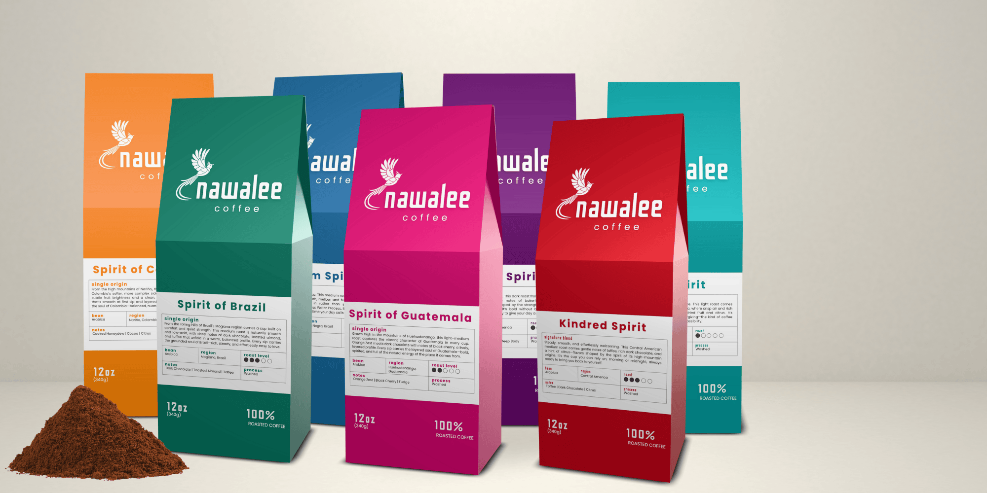 Ground coffee lineup by Nawalee —  roasted-to-order coffee. Shipped fresh nationwide in ground or whole-bean options.
