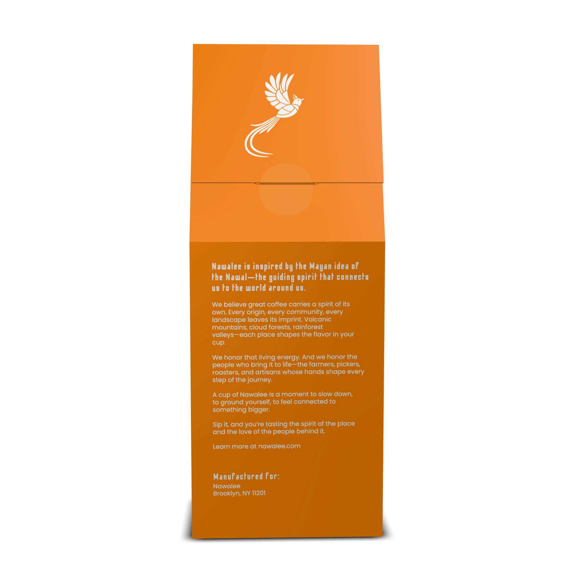 Back view of 12 oz bag of Spirit of Colombia. Best Light Roast Coffee Beans with Bright Citrus, Cocoa Warmth & Smooth Body, Available Ground or Whole Bean | Nawalee Coffee