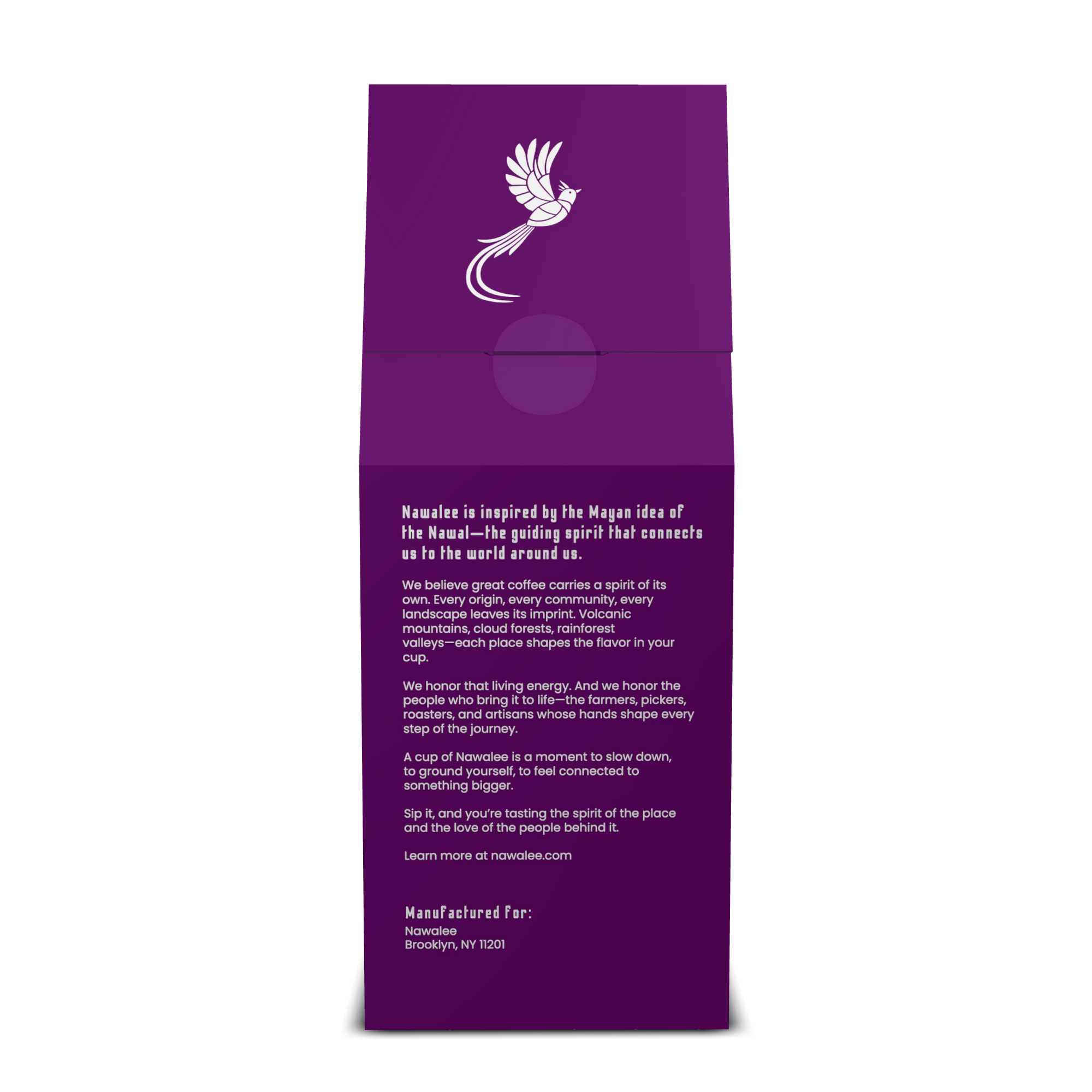 Back view of 12 oz bag of Bold Spirit. Best Dark Roast Coffee Beans with Baker’s Chocolate, Caramel & Deep Body, Available Ground or Whole Bean | Nawalee Coffee