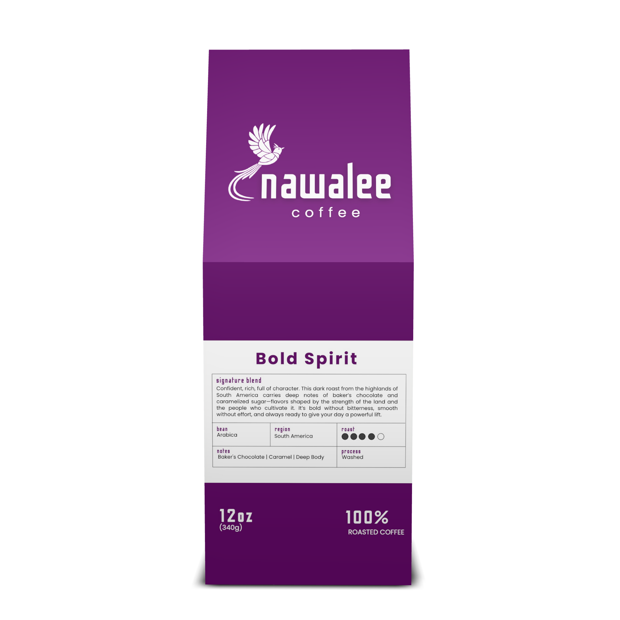 Front view of 12 oz bag of Bold Spirit. Best Dark Roast Coffee Beans with Baker’s Chocolate, Caramel & Deep Body, Available Ground or Whole Bean | Nawalee Coffee