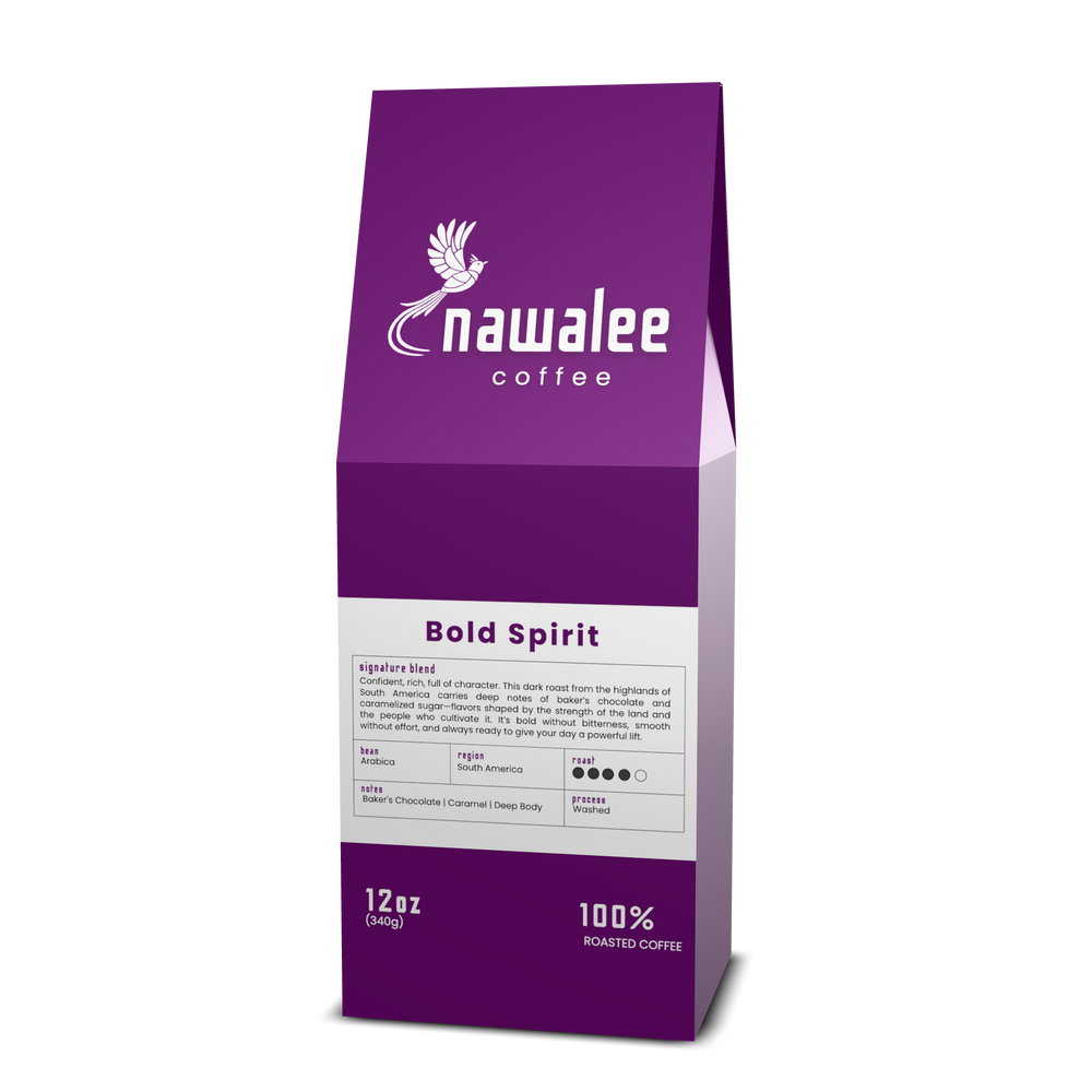 Side view of 12 oz bag of Bold Spirit. Best Dark Roast Coffee Beans with Baker’s Chocolate, Caramel & Deep Body, Available Ground or Whole Bean | Nawalee Coffee