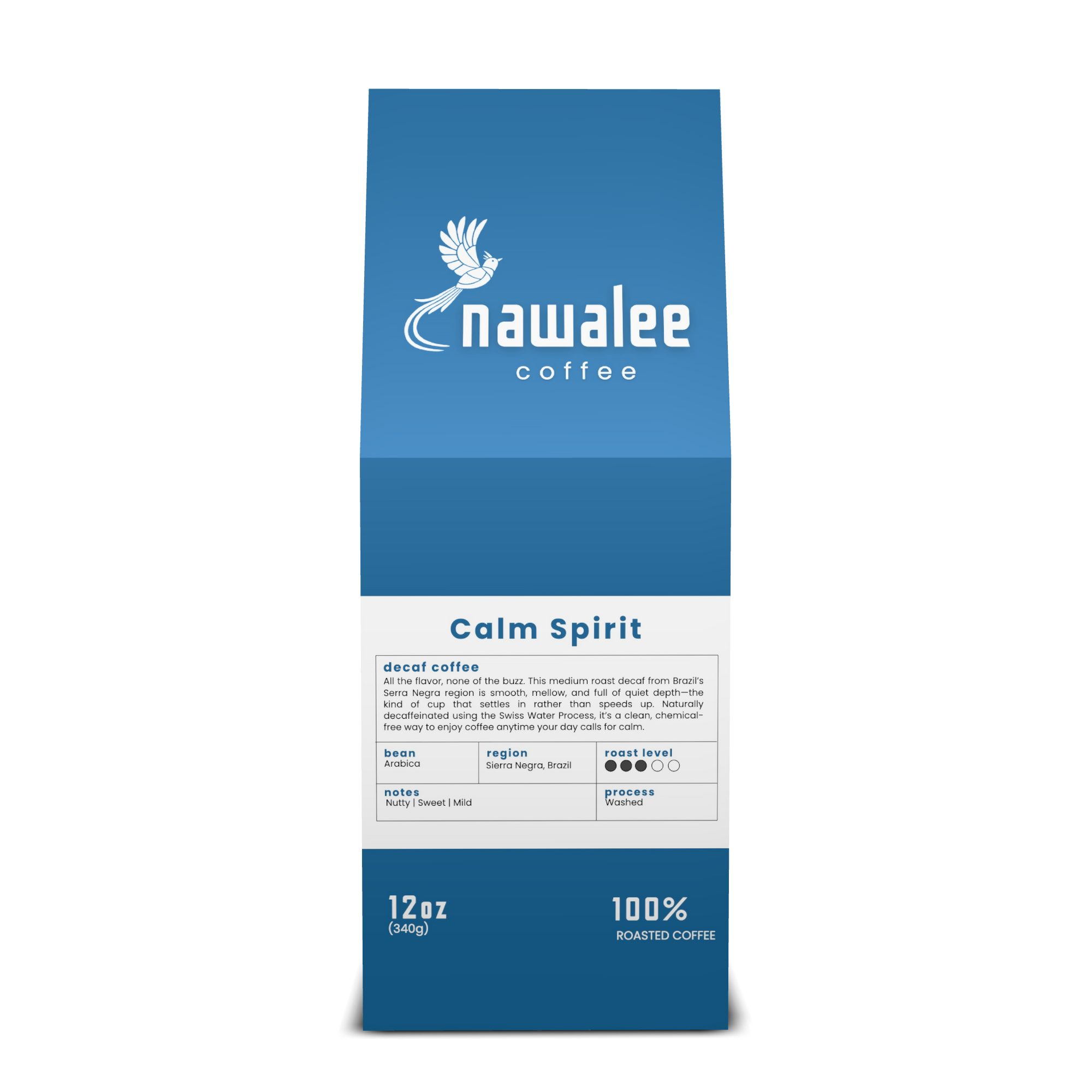 Front view of 12 oz bag of Calm Spirit. Best decaf coffee beans with nutty sweetness & balanced flavor. Available Ground or Whole Bean | Nawalee Coffee