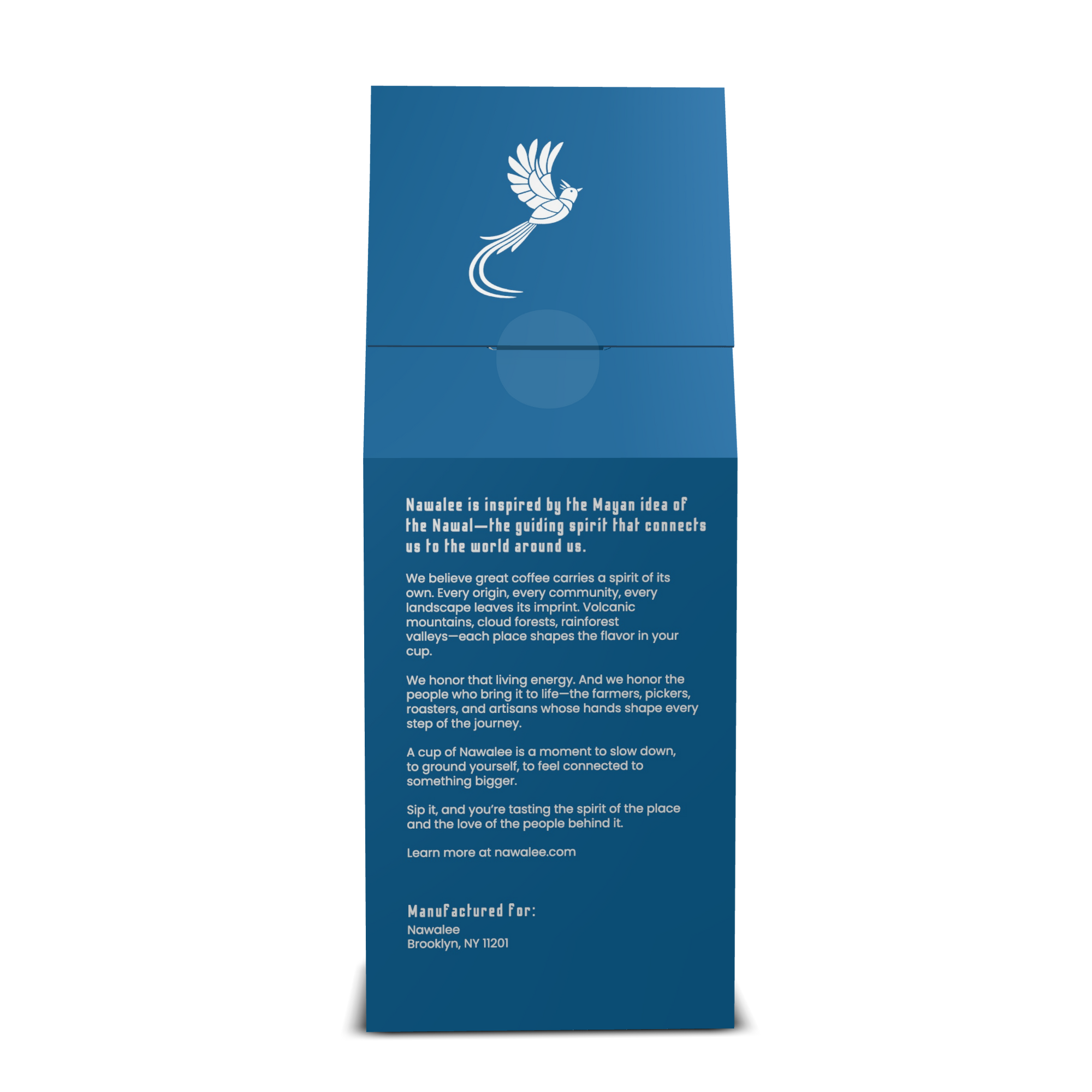 Back view of 12 oz bag of Calm Spirit. Best decaf coffee beans with nutty sweetness & balanced flavor. Available Ground or Whole Bean | Nawalee Coffee