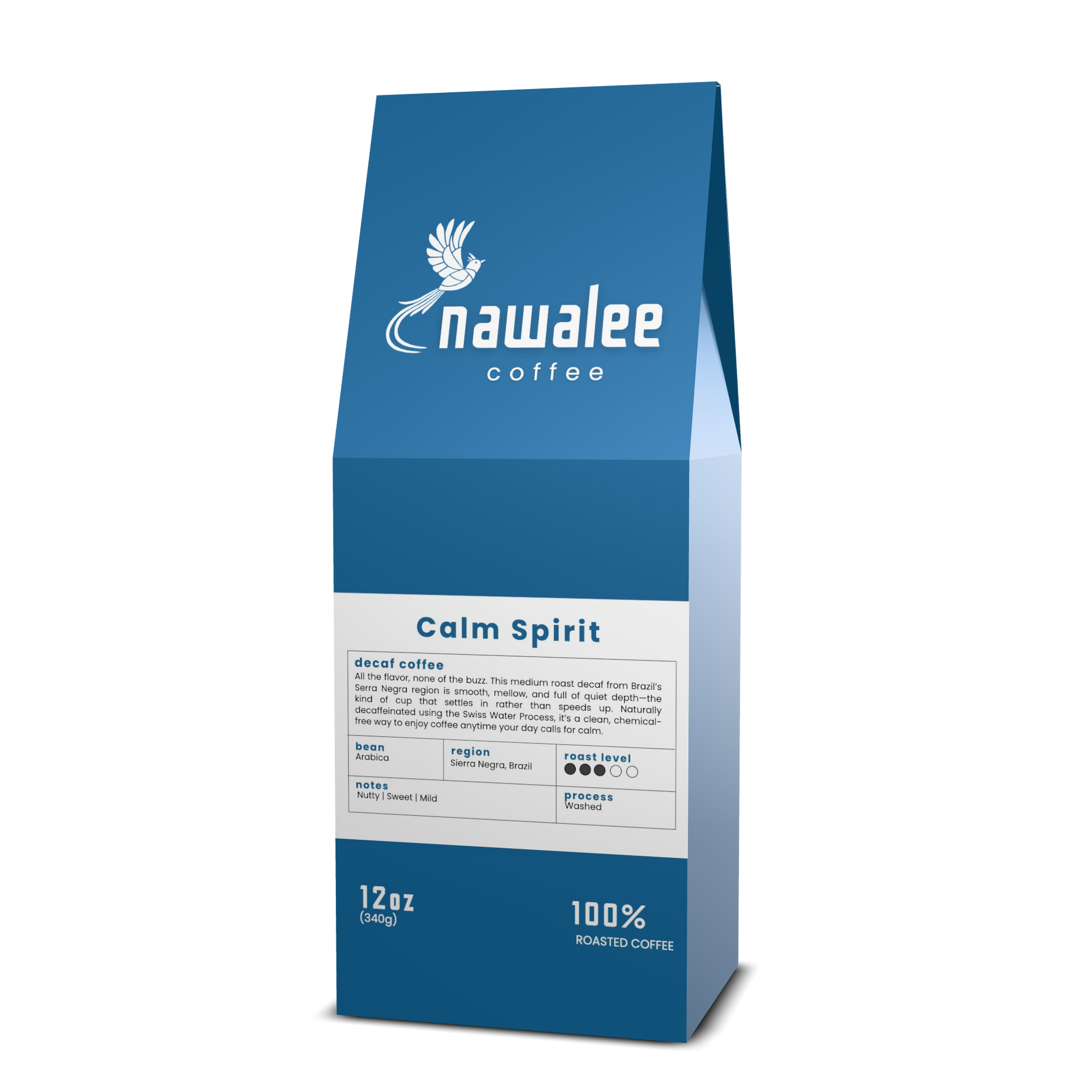 Side view of 12 oz bag of Calm Spirit. Best decaf coffee beans with nutty sweetness & balanced flavor. Available Ground or Whole Bean | Nawalee Coffee