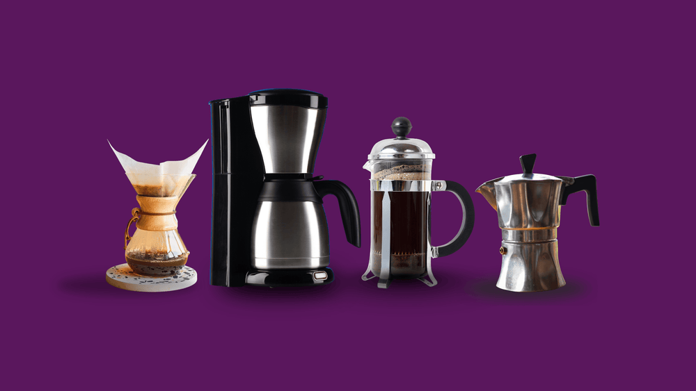 Coffee brewing methods including pour over, drip coffee maker, French press, and moka pot on purple background
