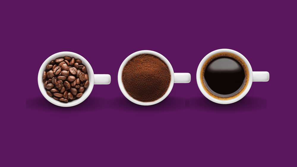 Coffee freshness stages showing whole beans, ground coffee, and brewed coffee in cups