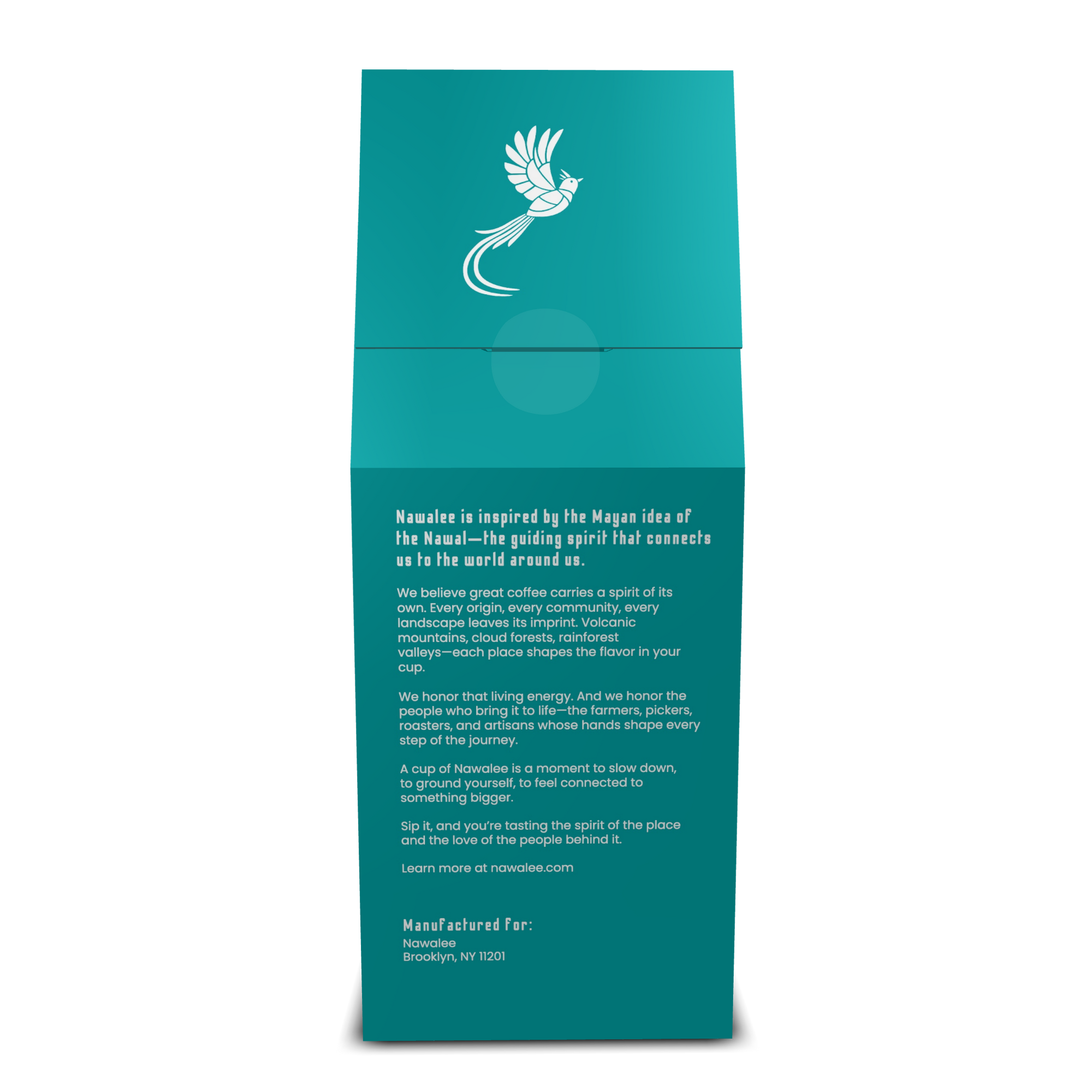 Back view of 12 oz bag of Free Spirit. Best Light Roast Coffee Beans with Citrus & Floral Flavor, Available Ground or Whole Bean | Nawalee Coffee