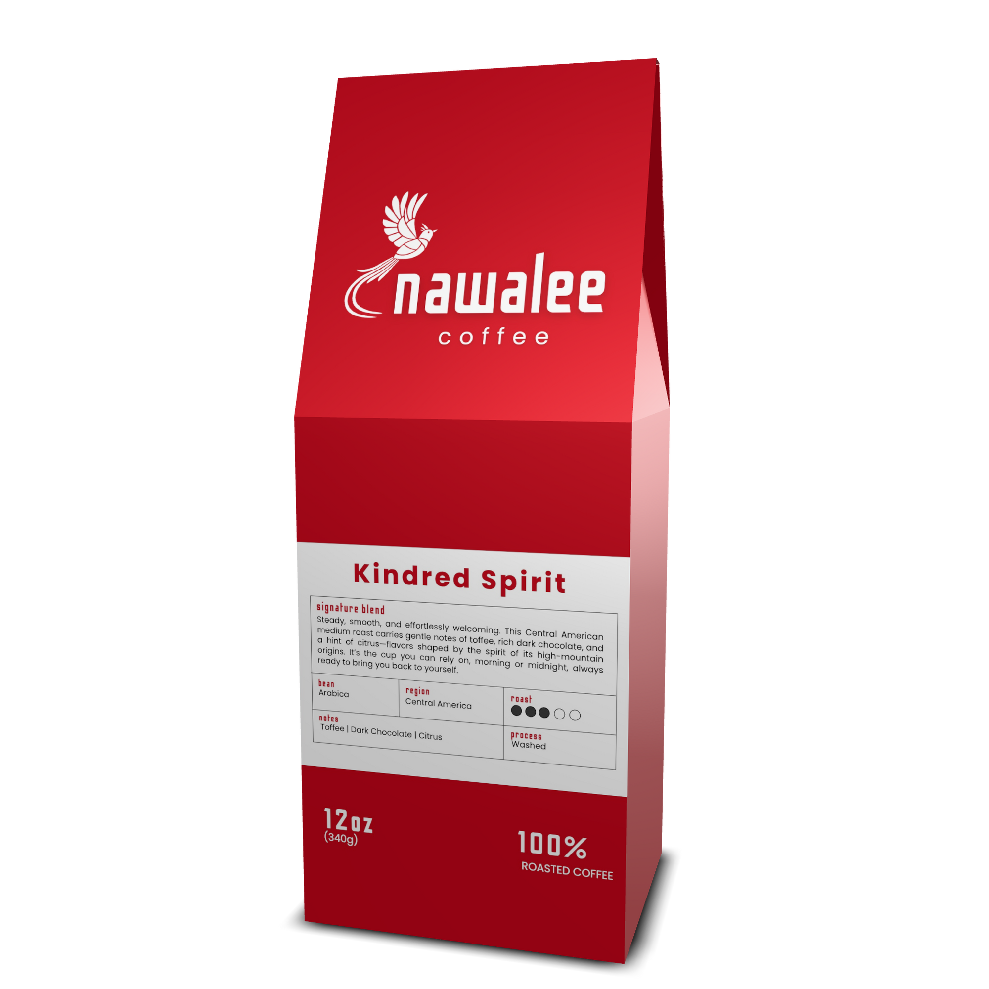 Side view of 12 oz bag of Kindred Spirit. Best Medium Roast Coffee Beans with Cozy Sweetness & Balanced Flavor, Available Ground or Whole Bean | Nawalee Coffee