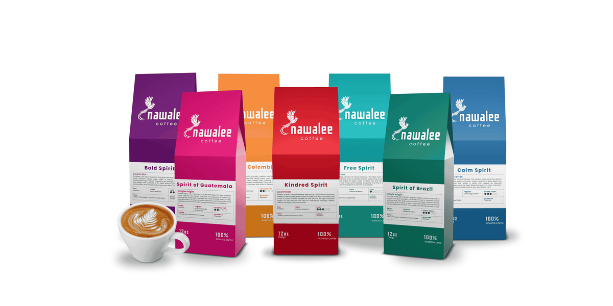 Six colorful bags of Nawalee Coffee with a cup of freshly brewed coffee in front.