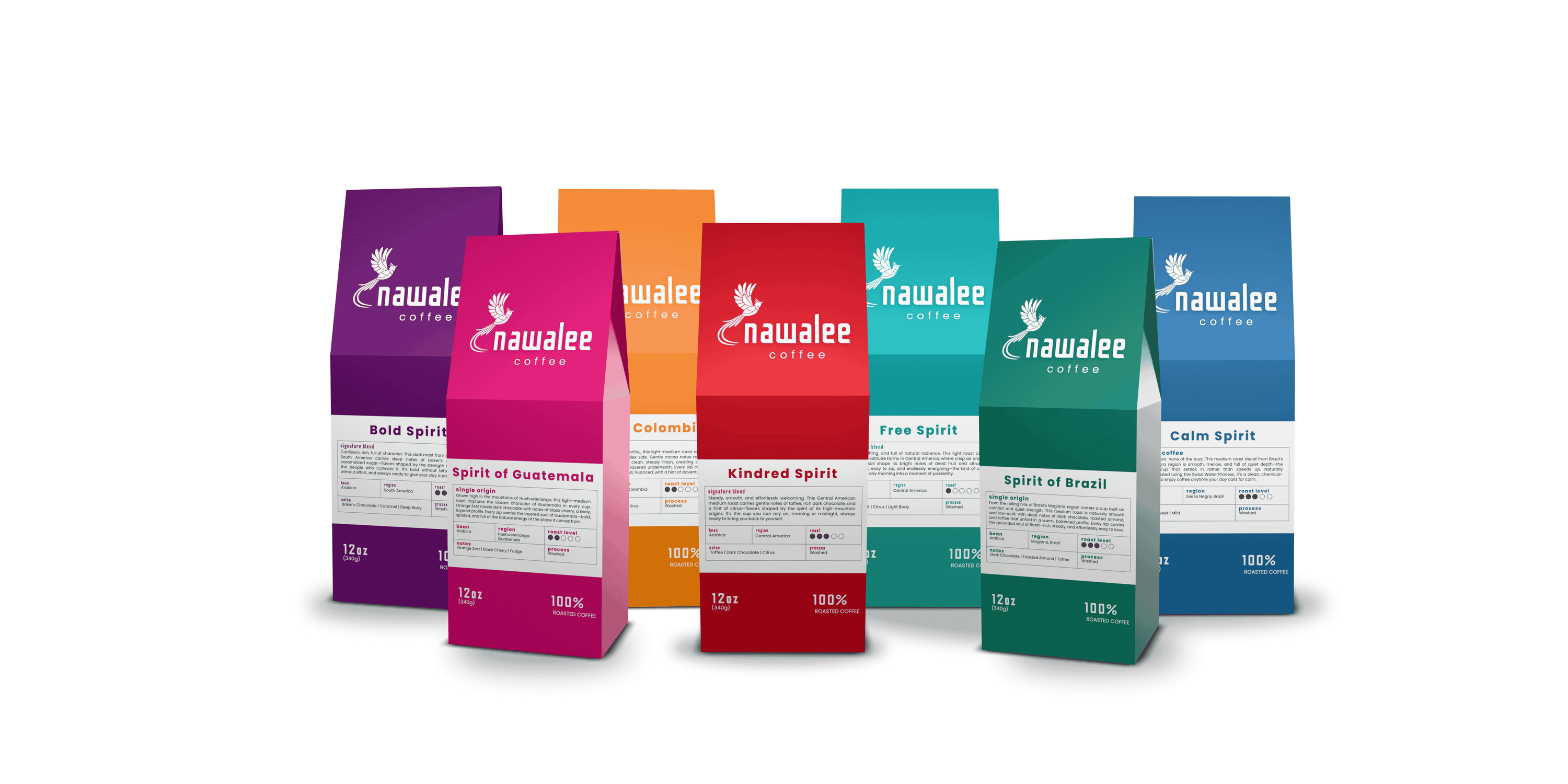 Nawalee Coffee lineup of freshly roasted specialty coffees, including signature blends and single origin coffees in colorful packaging.
