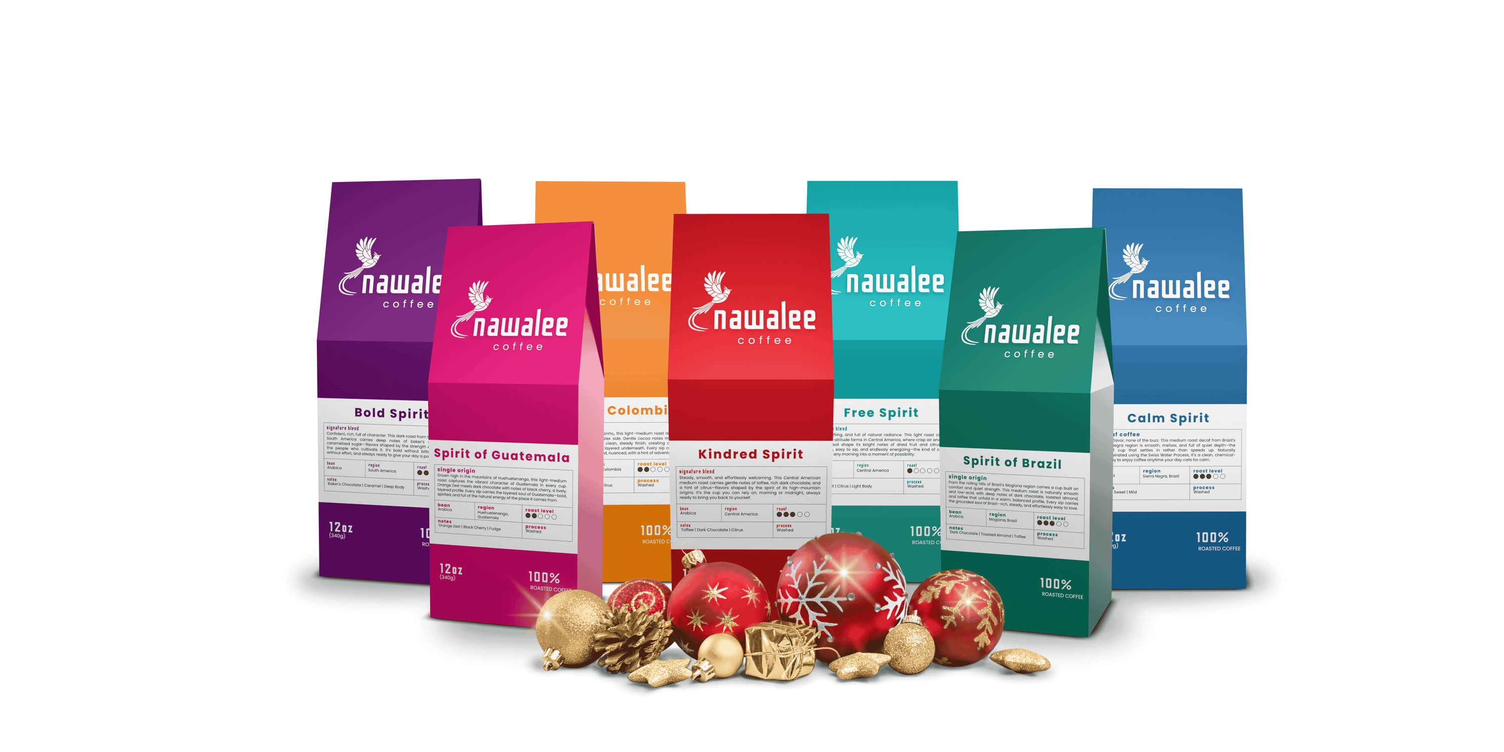 Holiday coffee gift banner featuring Nawalee Coffee bags and festive ornaments.