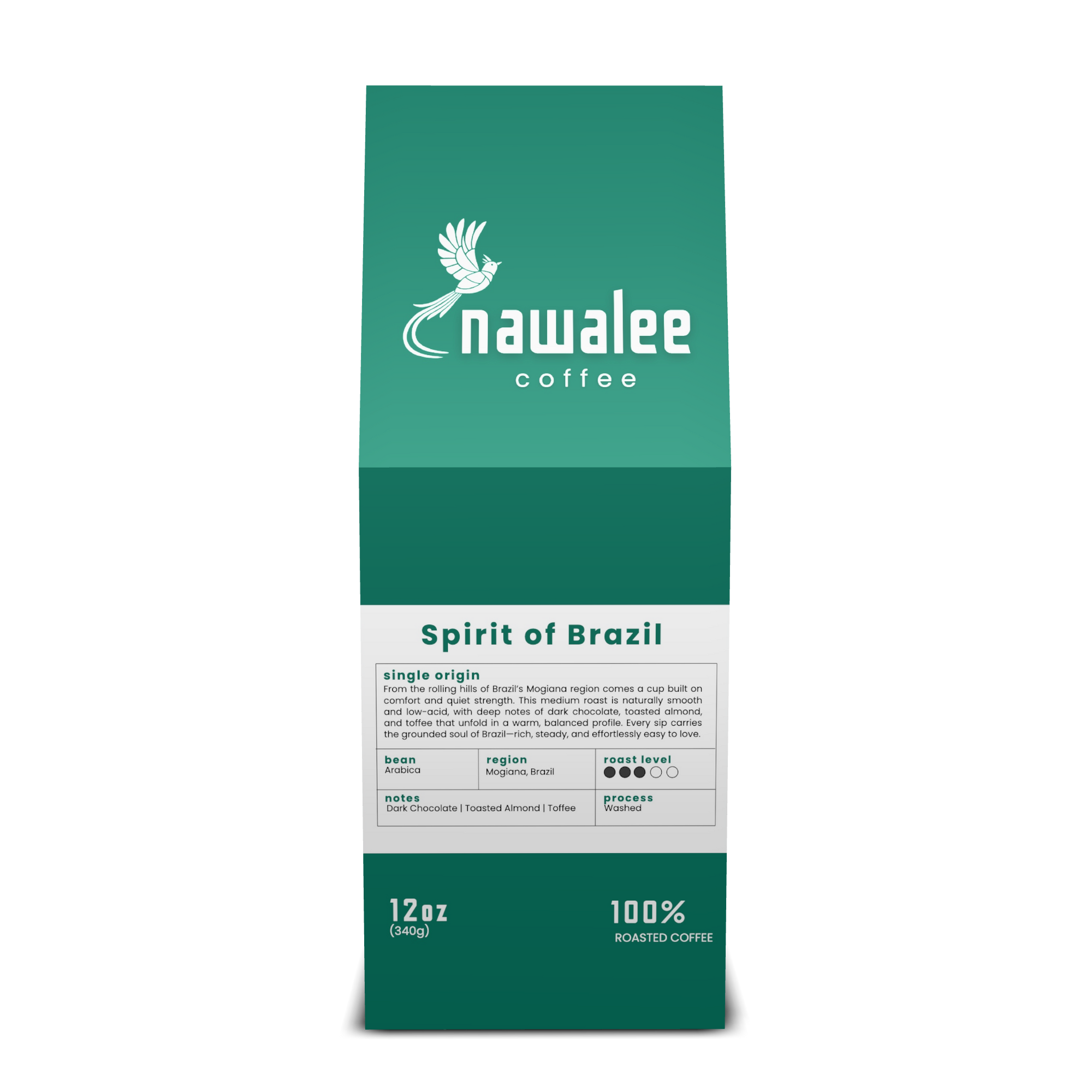 Front view of 12 oz bag of Spirit of Brazil. Best Medium Roast Coffee Beans with Chocolate, Almond & Toffee Notes, Available Ground or Whole Bean | Nawalee Coffee