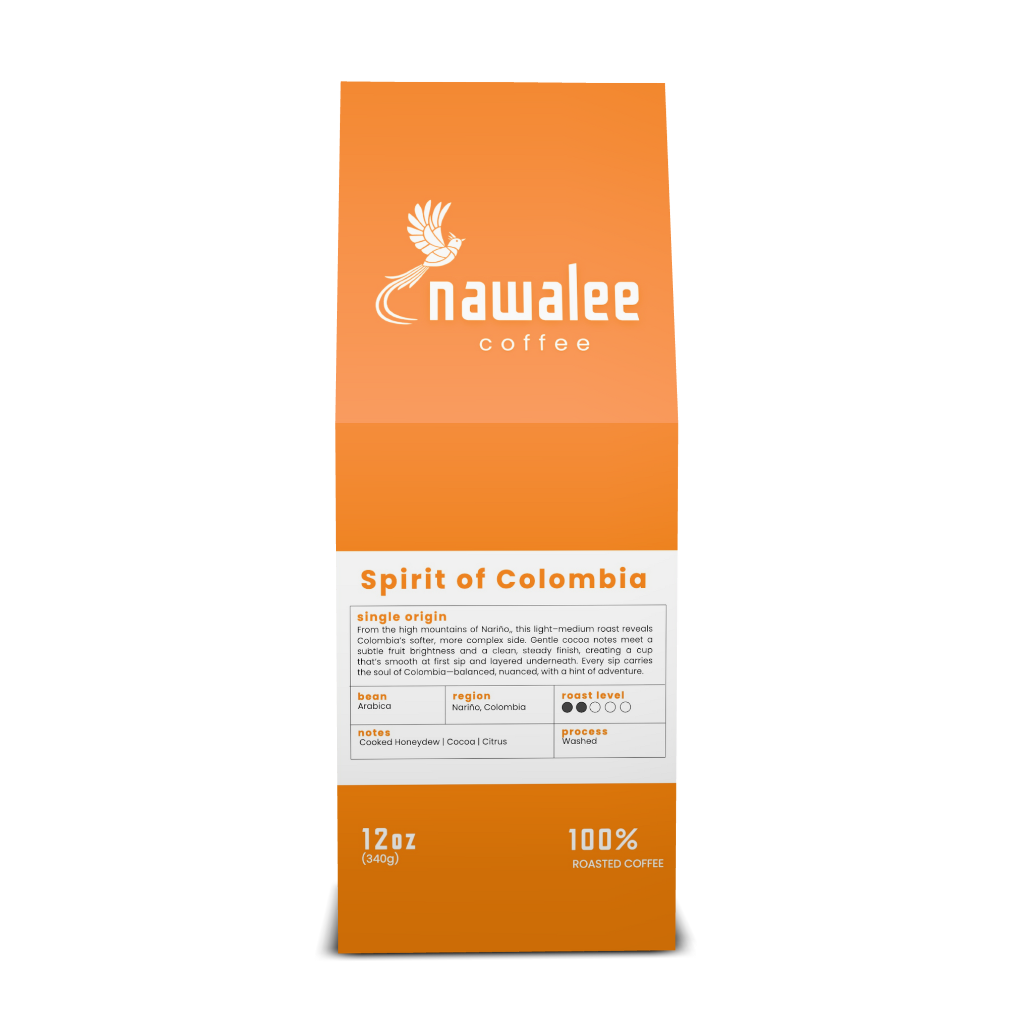 Front view of 12 oz bag of Spirit of Colombia. Best Light Roast Coffee Beans with Bright Citrus, Cocoa Warmth & Smooth Body, Available Ground or Whole Bean | Nawalee Coffee