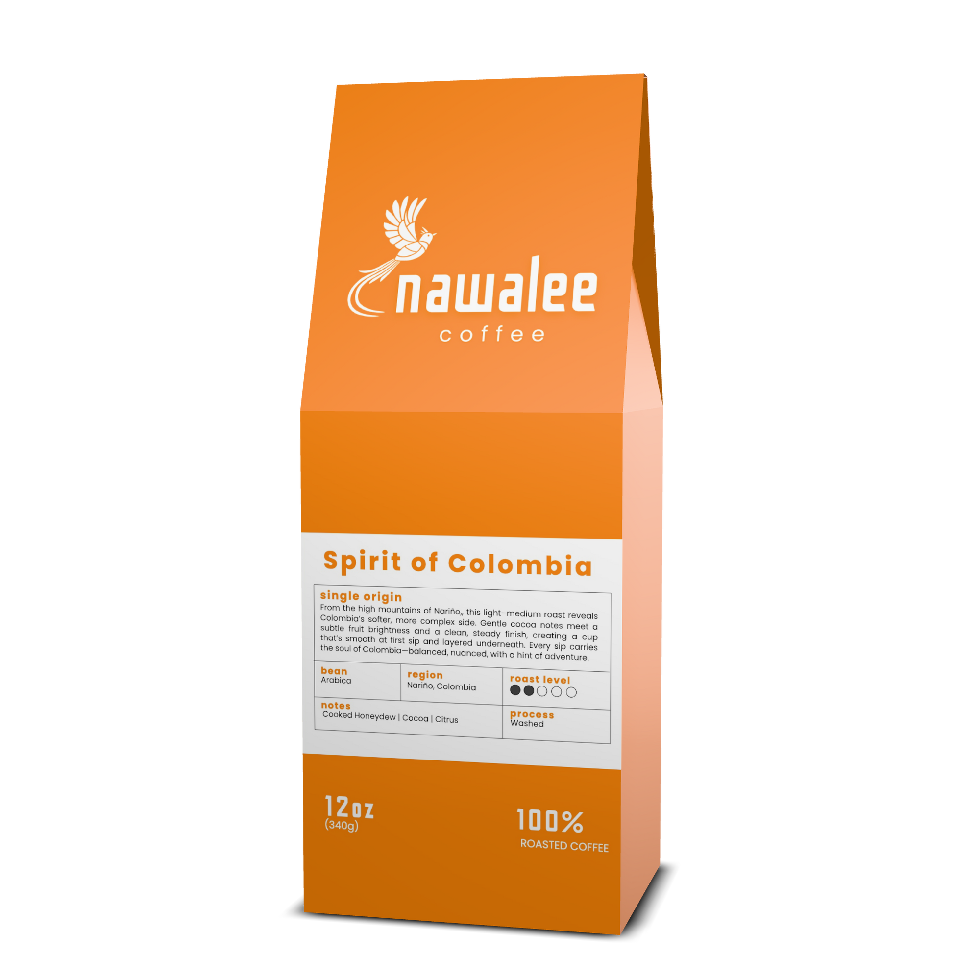 Side view of 12 oz bag of Spirit of Colombia. Best Light Roast Coffee Beans with Bright Citrus, Cocoa Warmth & Smooth Body, Available Ground or Whole Bean | Nawalee Coffee