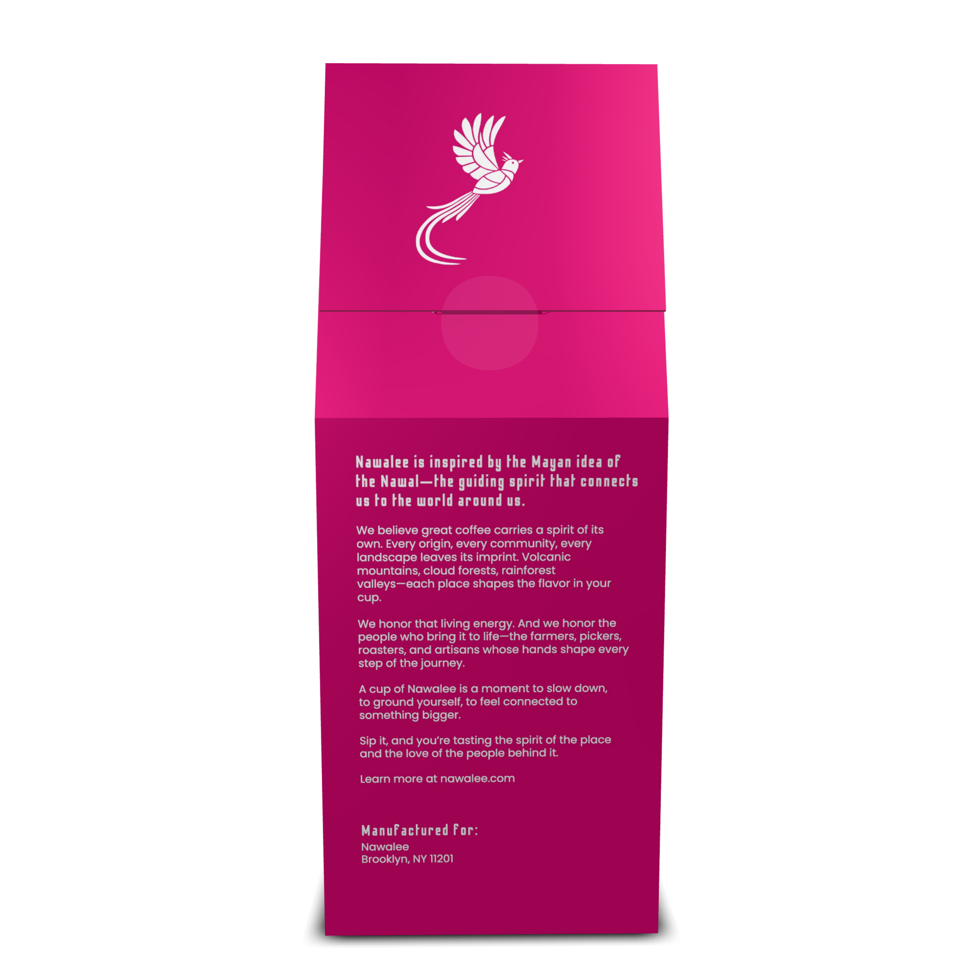 Back view of 12 oz bag of Spirit of Guatemala. Best Light Roast Coffee Beans with Orange Zest, Black Cherry & Fudge Notes, Available Ground or Whole Bean | Nawalee Coffee