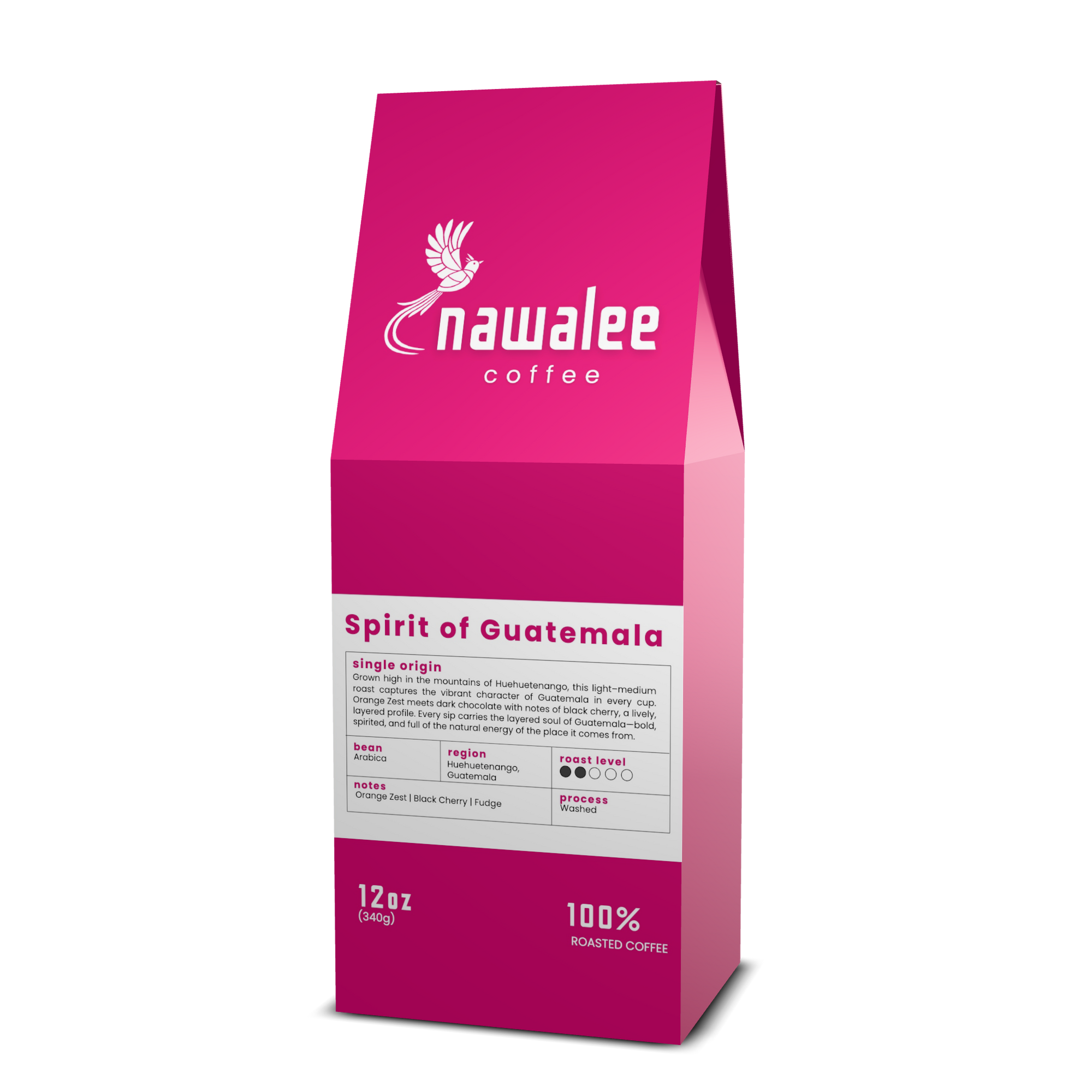 Side view of 12 oz bag of Spirit of Guatemala. Best Light Roast Coffee Beans with Orange Zest, Black Cherry & Fudge Notes, Available Ground or Whole Bean | Nawalee Coffee